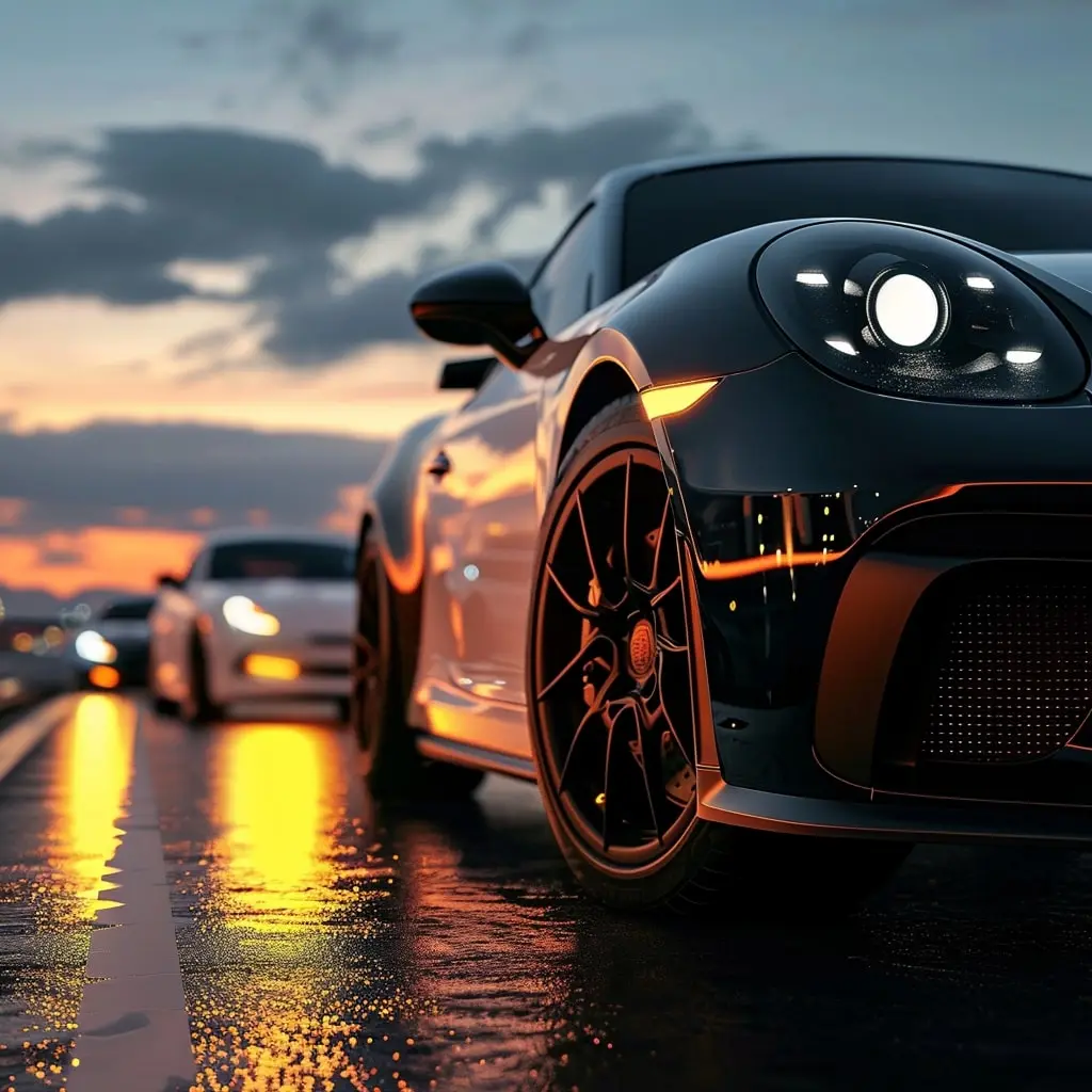 Dark sports car on a wet road at sunset