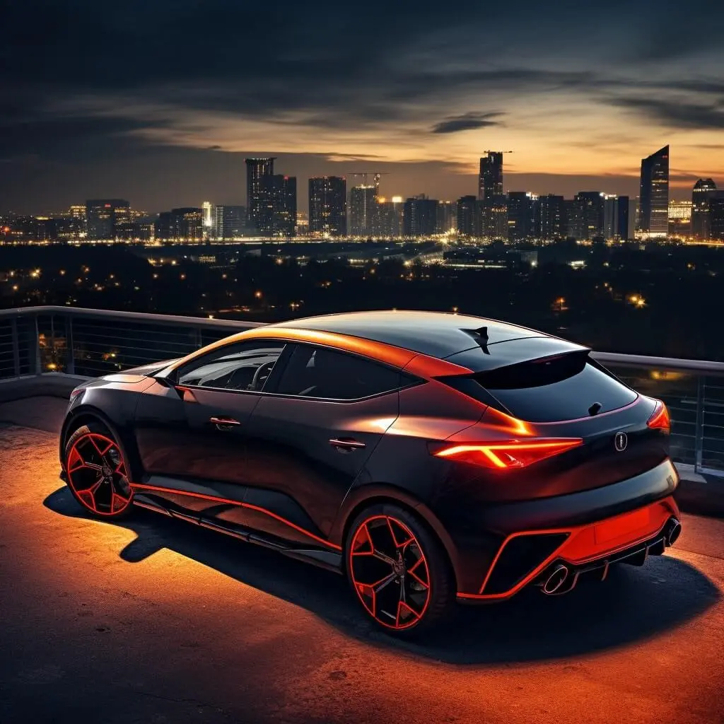 Black coupe at night above the city