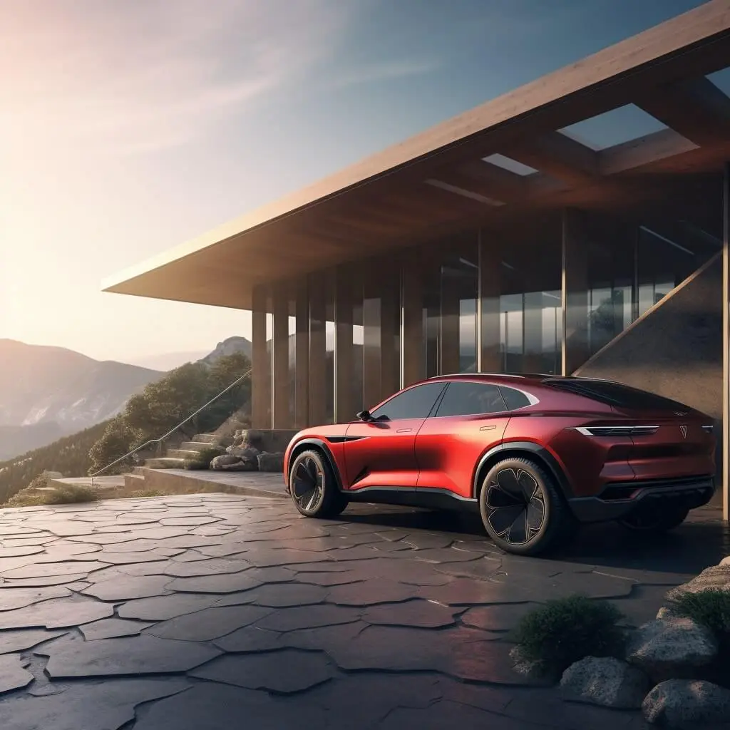 Red SUV in front of a modern house