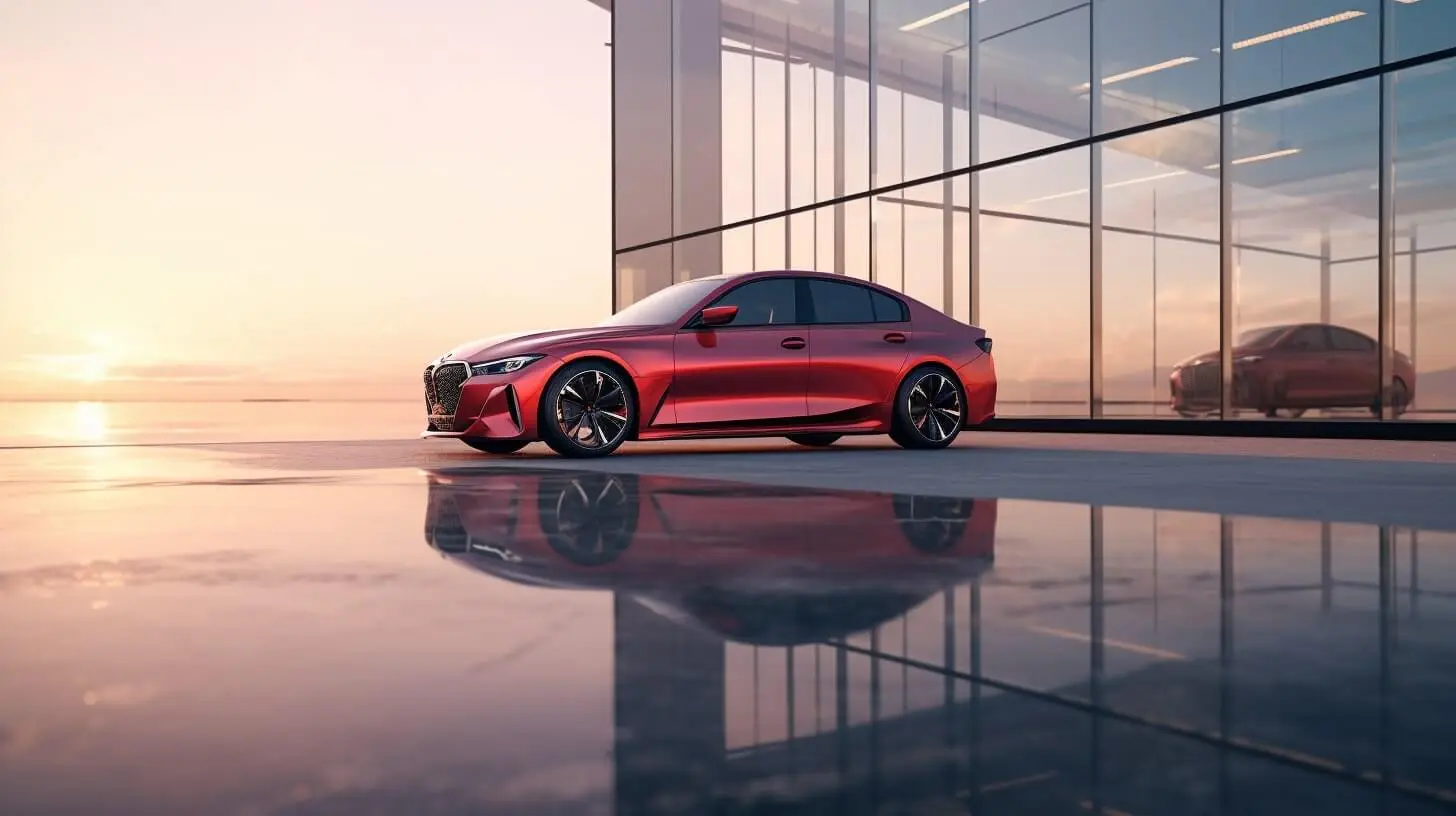 Red sedan by the water at sunset